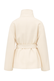 Belted High Neck Wrap Coat - Cream - back