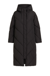 Hooded Chevron Longline Puffer Coat - Black - front