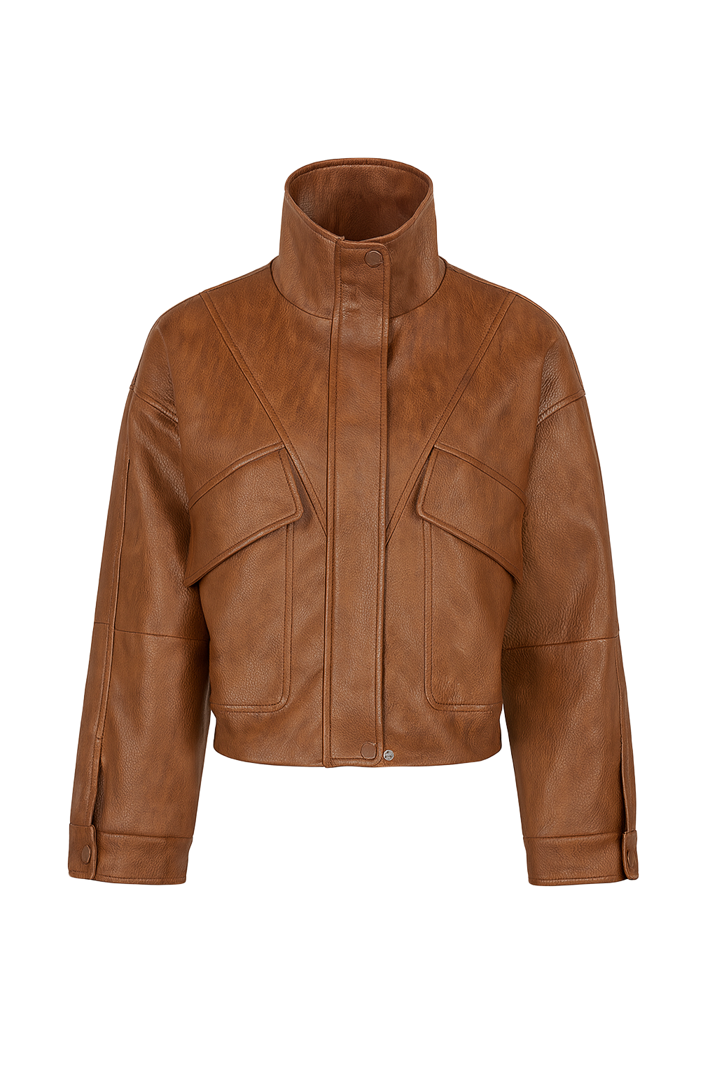 Vintage Faux Leather Bomber Jacket - Brown - front