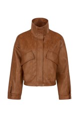 Vintage Faux Leather Bomber Jacket - Brown