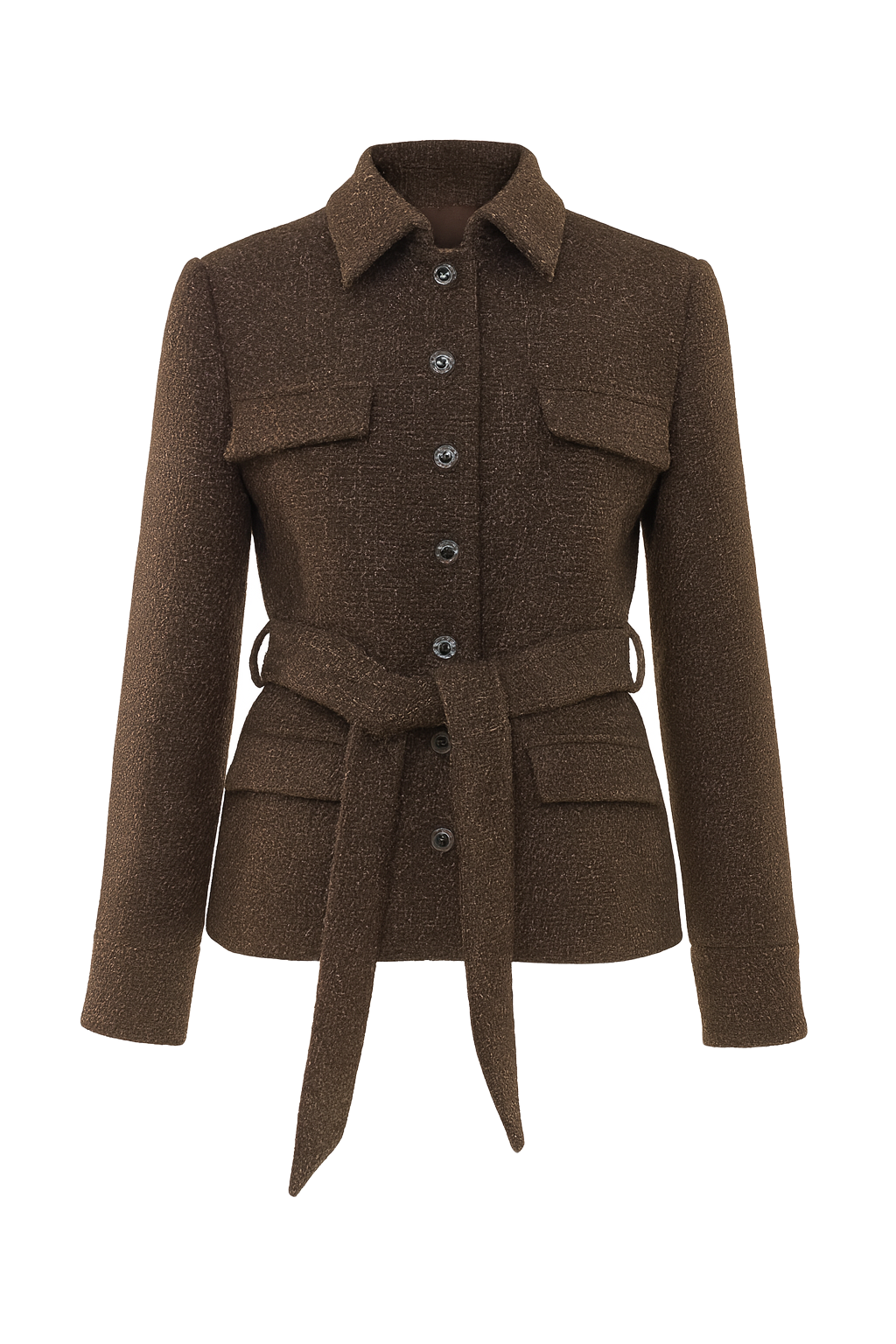 Belted Tweed Utility Jacket - Brown - front