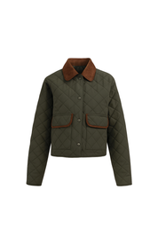 Corduroy Collar Diamond Quilted Jacket - Olive Green - front