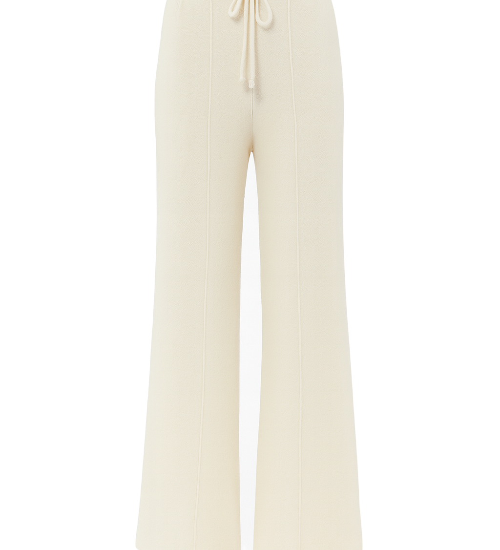 Drawstring Wide Leg Knit Trousers - Cream - front