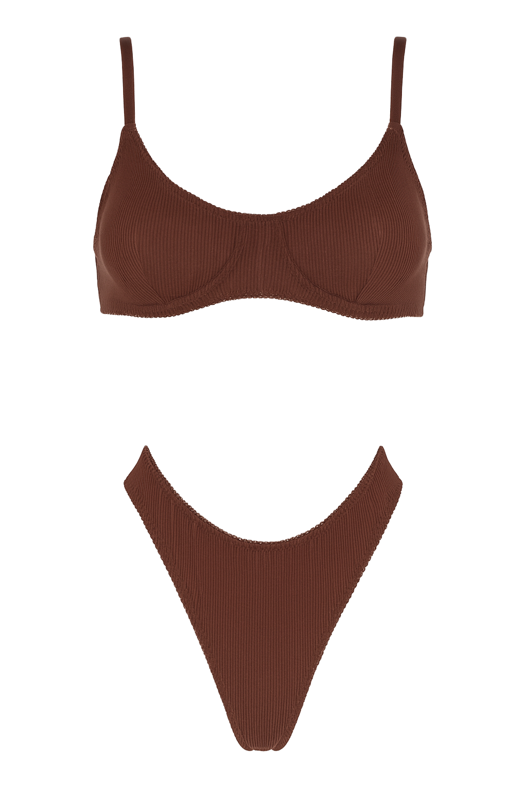 Ribbed Underwire Bikini Set - Chocolate - front