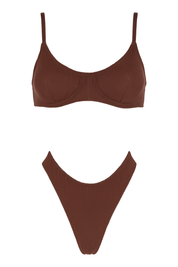 Ribbed Underwire Bikini Set - Chocolate - front