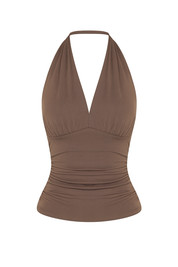 Mesh Halter Neck Top - Brown - front