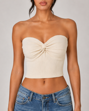 Ribbed Twist Front Bandeau Crop Top - Apricot