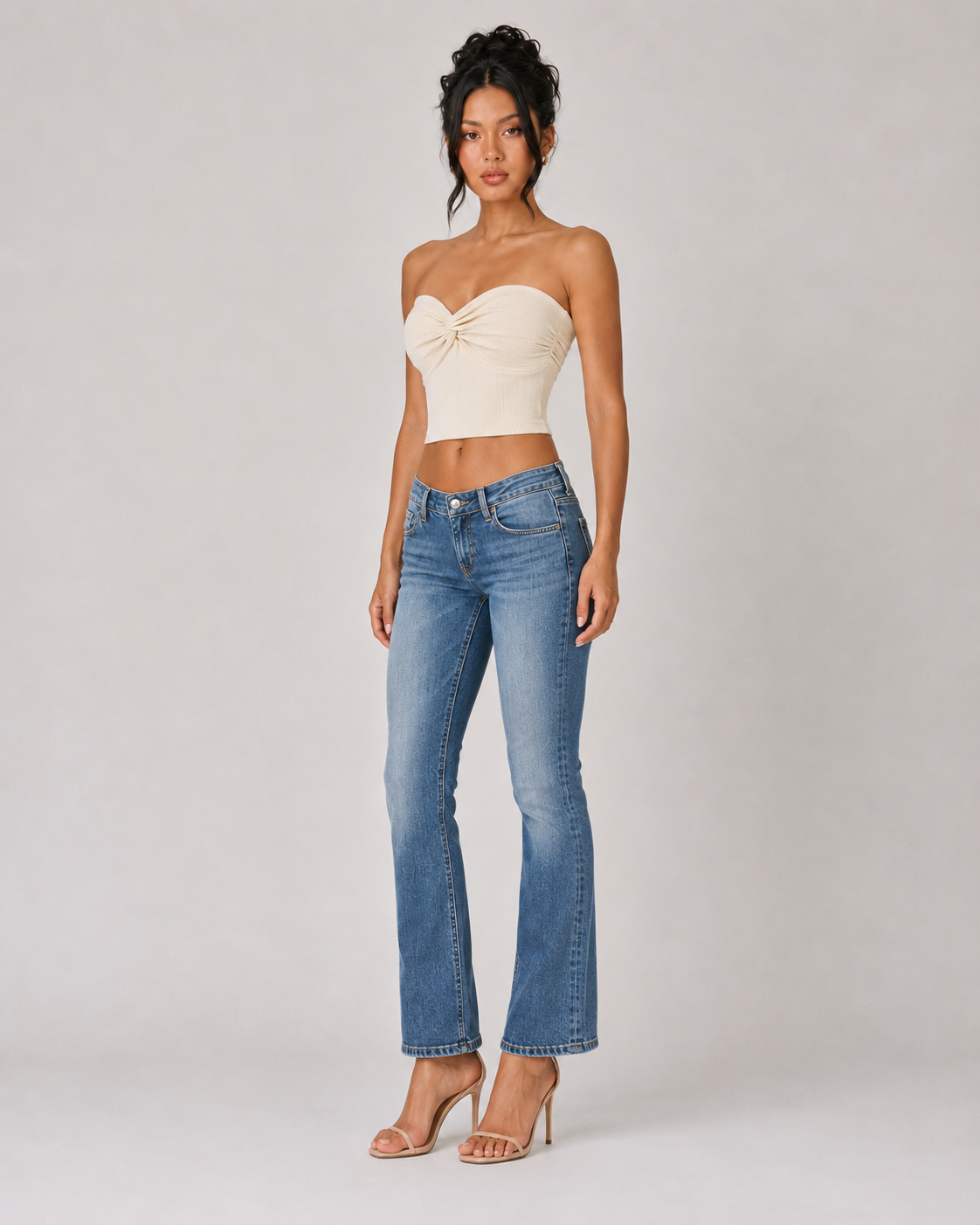 Ribbed Twist Front Bandeau Crop Top - Apricot