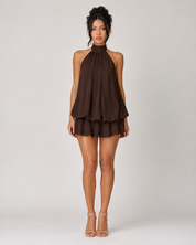Chiffon Halter Mini Dress - Brown
