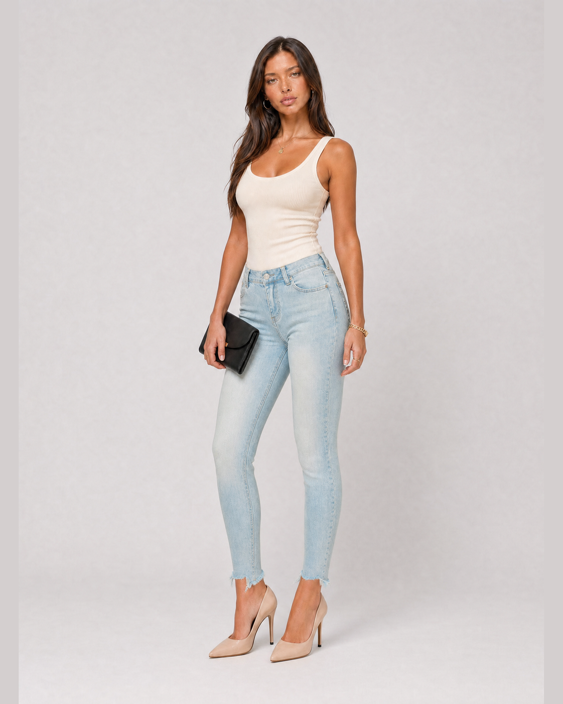 Retro High Rise Skinny Jeans in light wash - three quarter view