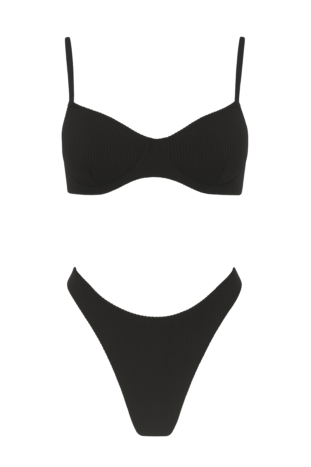 Ribbed Underwire Bikini Set - Black - front