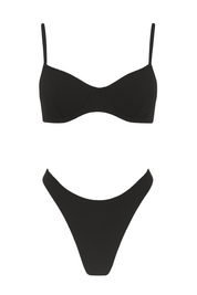 Ribbed Underwire Bikini Set - Black - front