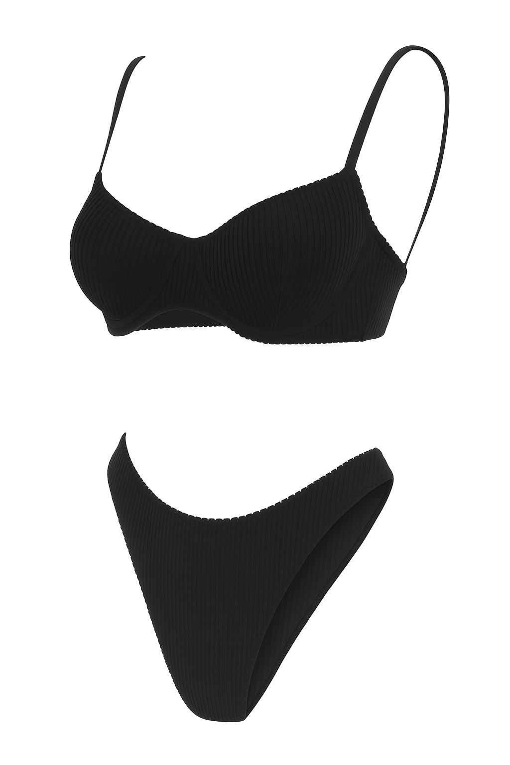 Ribbed Underwire Bikini Set - Black - side