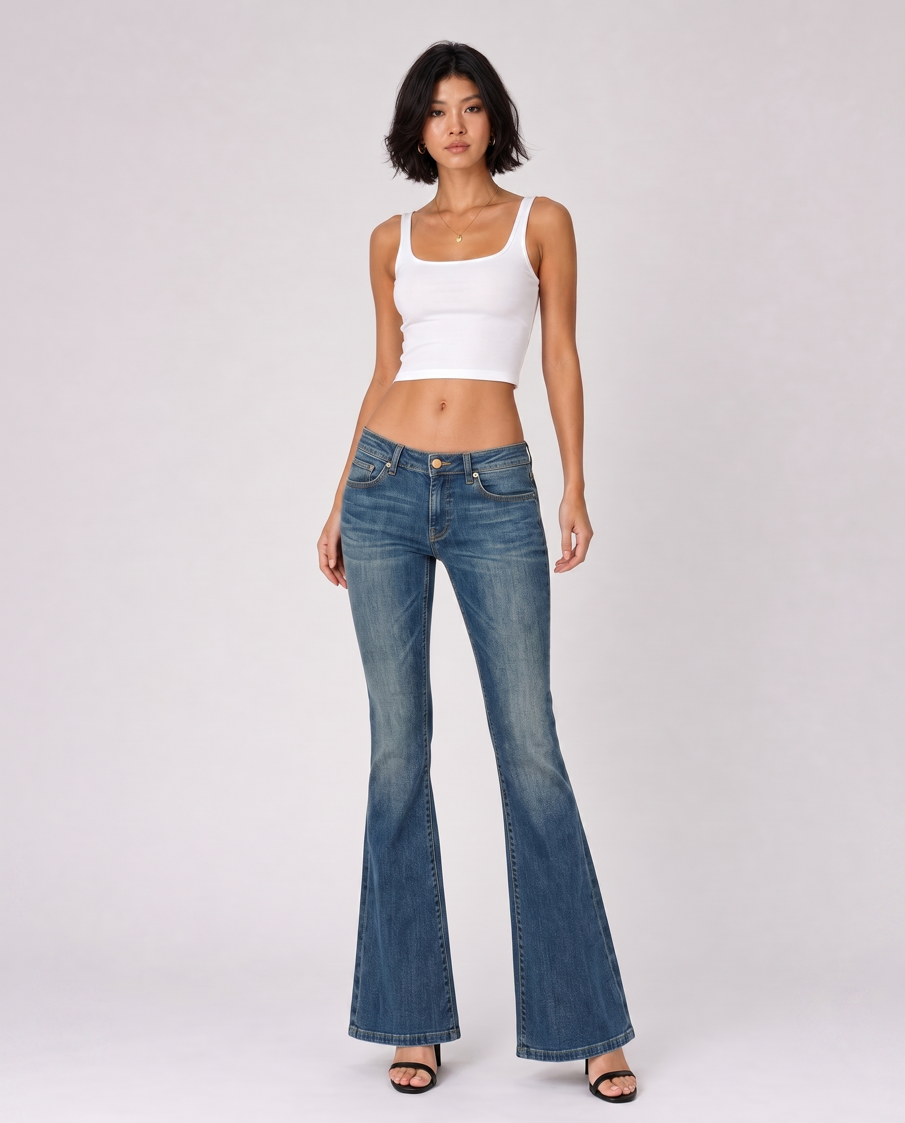 Mid Wash Low Rise Flare Jeans - three-quarter